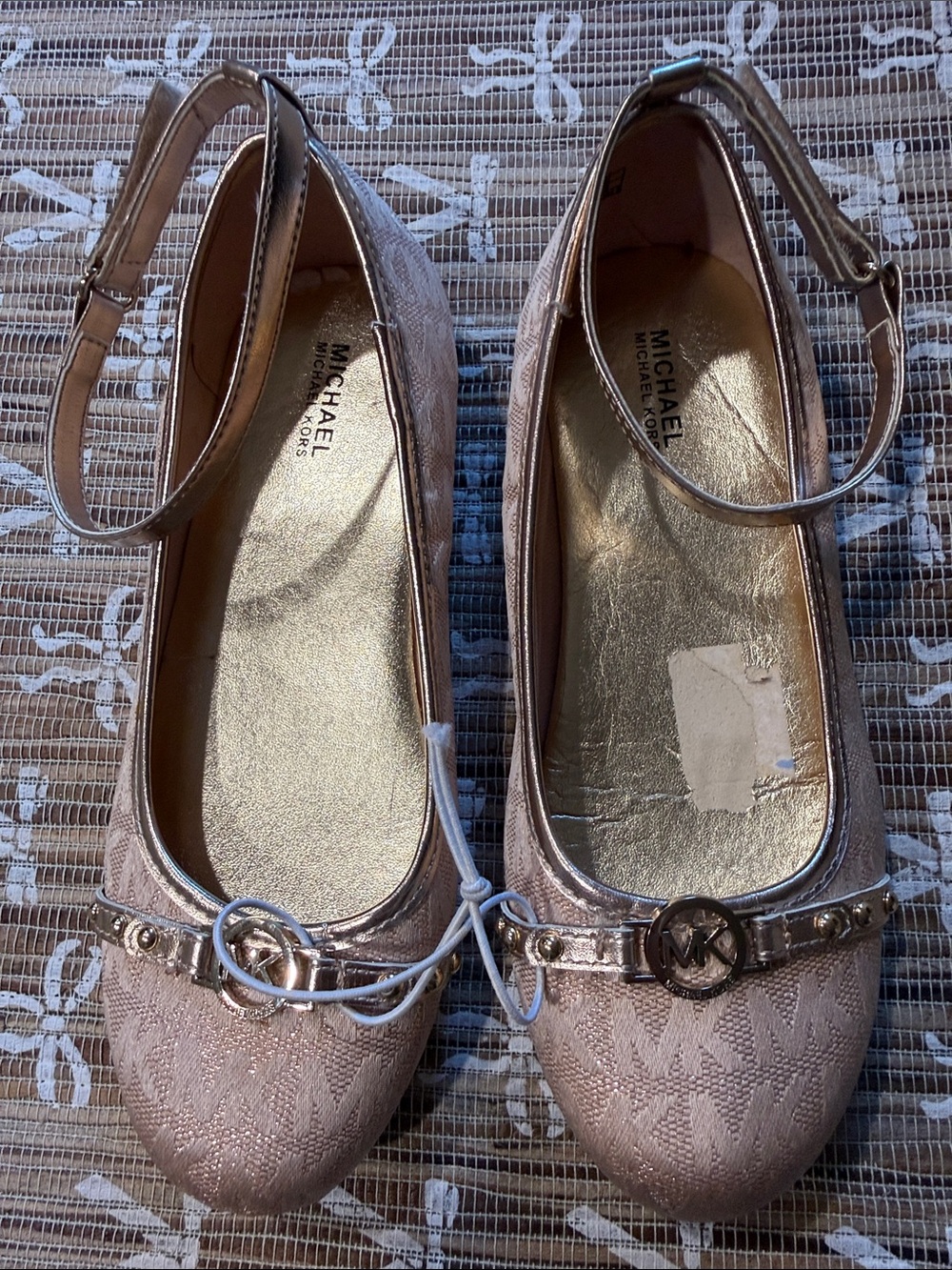 NWOT Michael Kors Rose Gold Logo Ballet Flats with Ankle Strap